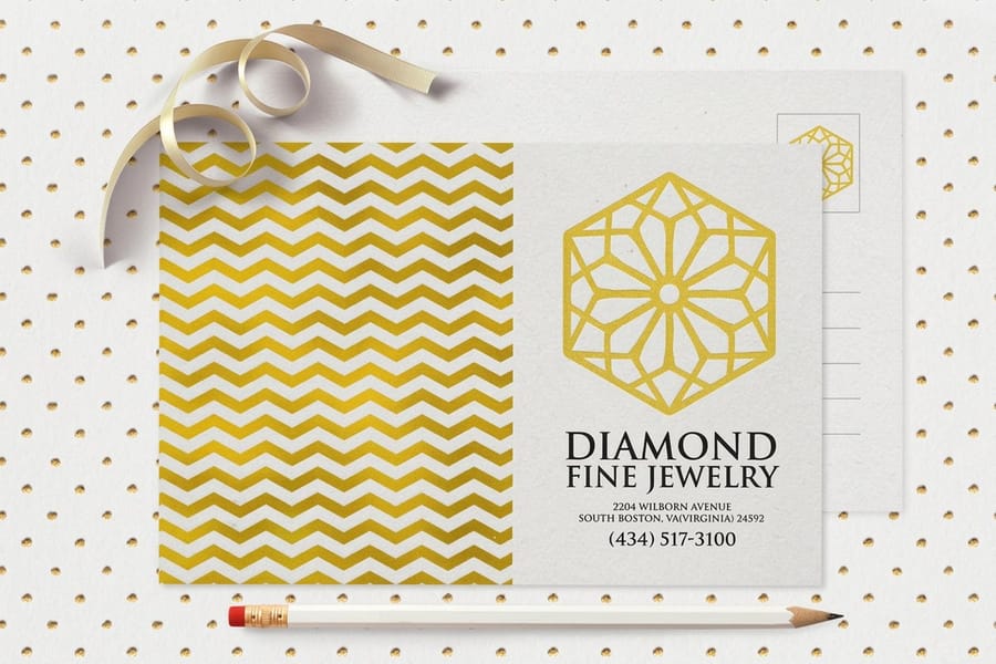 Metallic foil postcards with a shiny headline, printed by 4OVER4
