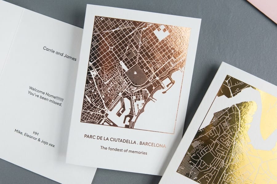 Metallic greeting card with rich printed color, from 4OVER4