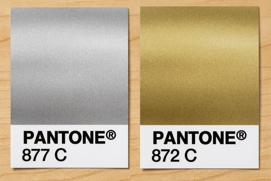 A run of die-cut foil stickers printed by 4OVER4, showing metallic areas against printed color