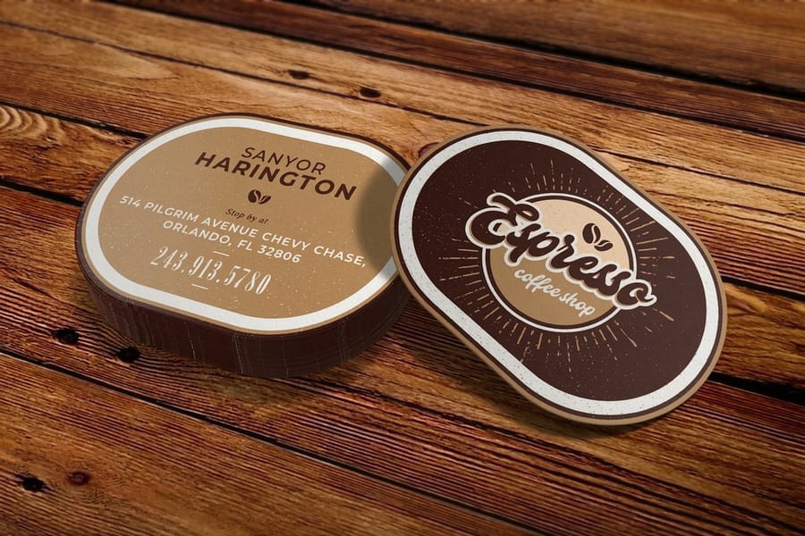 Oval die-cut business cards printed by 4OVER4