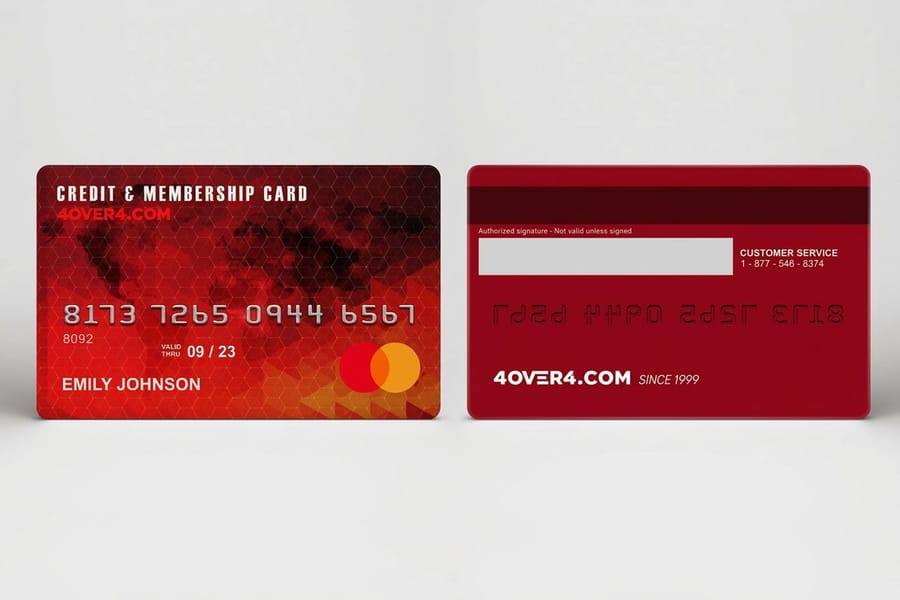 professionals handing over plastic credit card style business cards by 4OVER4.COM