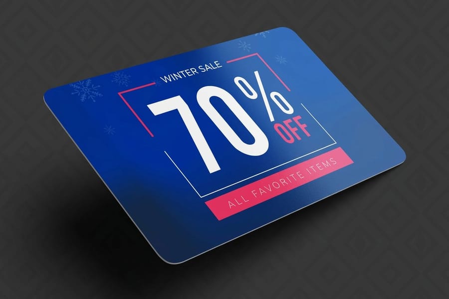 Plastic discount cards printed by 4OVER4 showing a wallet-size card with a sponsor offer list