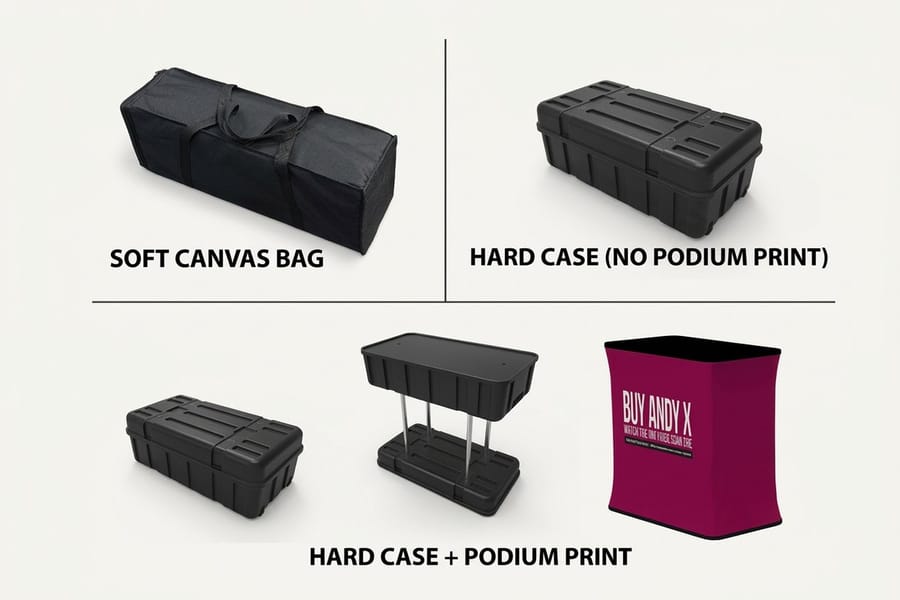 Bold high-contrast graphics on a pop up display from 4OVER4.COM