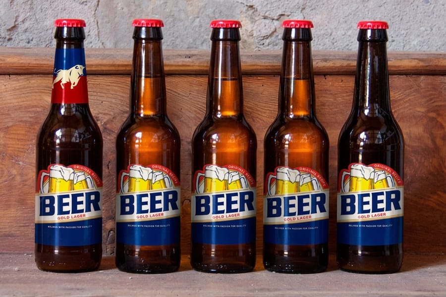 Premium beer labels printed by 4OVER4 applied to bottles with full color artwork