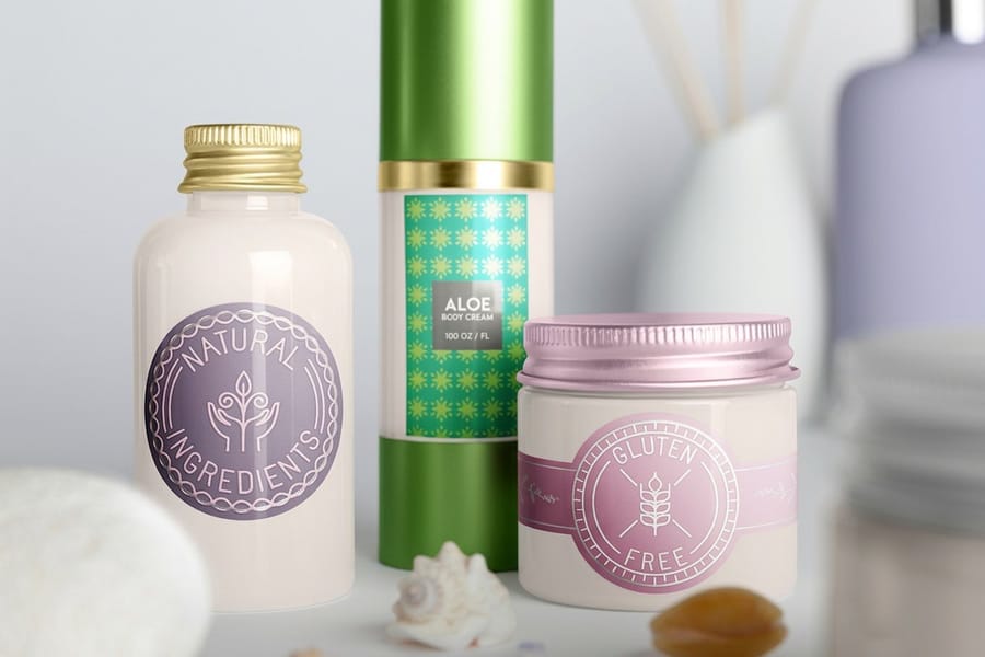 Waterproof premium health and beauty labels printed by 4OVER4 on bottles