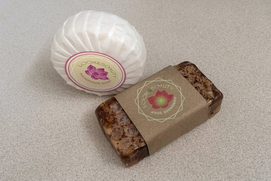 Premium soap labels printed by 4OVER4 on a cured bar, showing the front panel layout