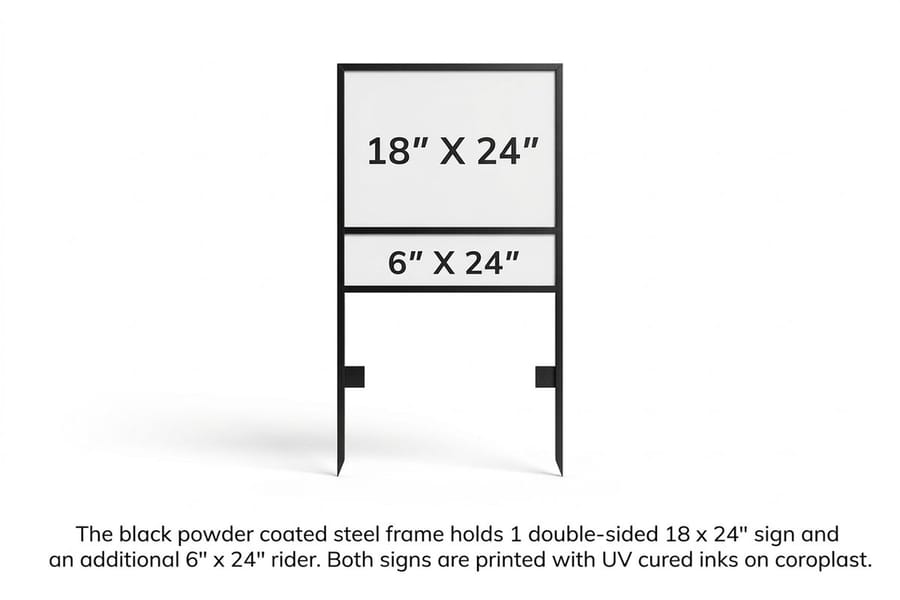 Real estate H-frame sign positioned on a lawn, printed by 4OVER4