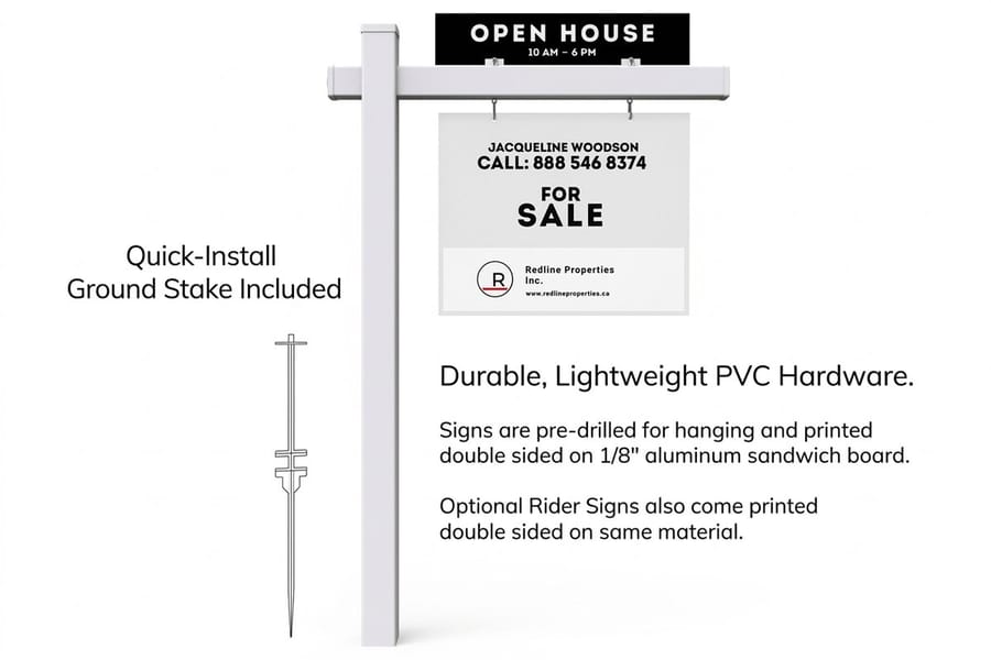 Real estate post sign with hanging panel, printed by 4OVER4