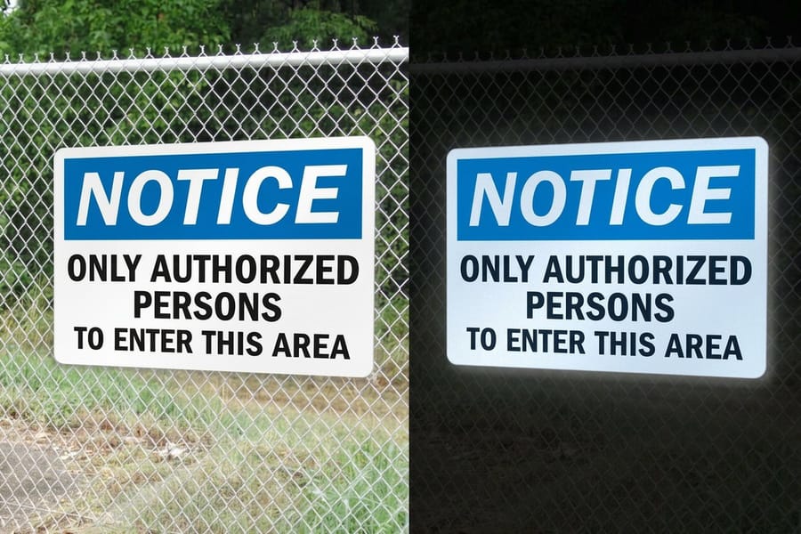 Reflective aluminum sign panels printed by 4OVER4 with prismatic sheeting under angled light