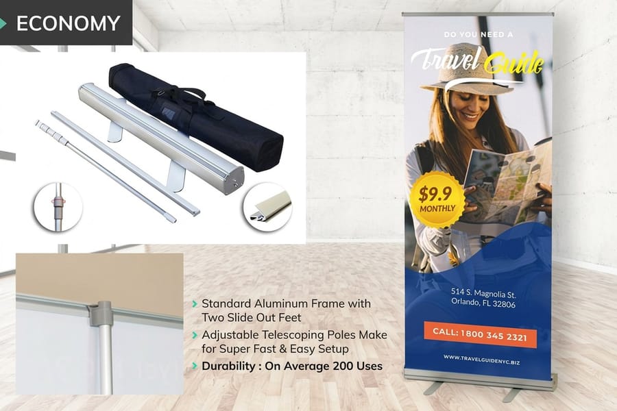 Retractable banner stand raised to full height at an event, printed by 4OVER4