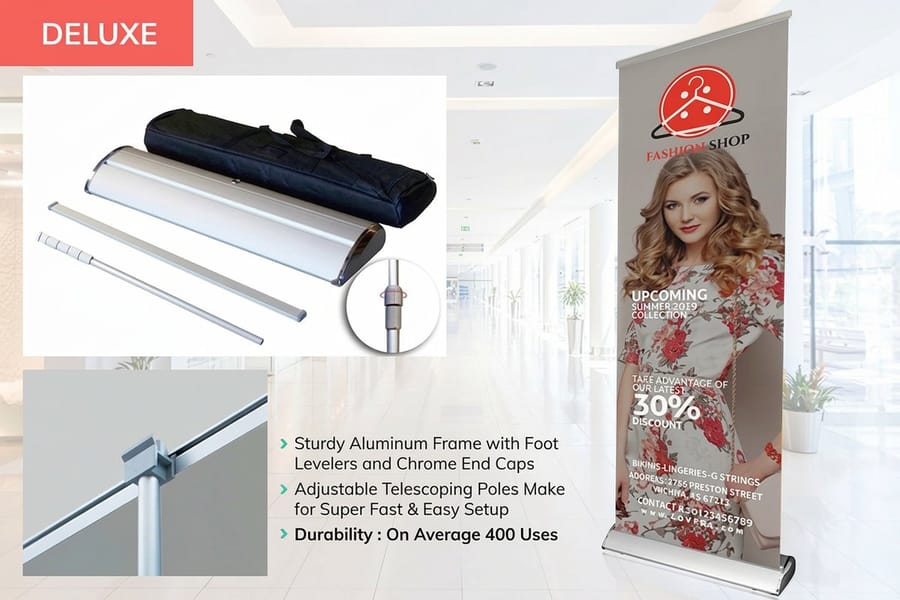 Complete retractable banner stand with printed graphic from 4OVER4