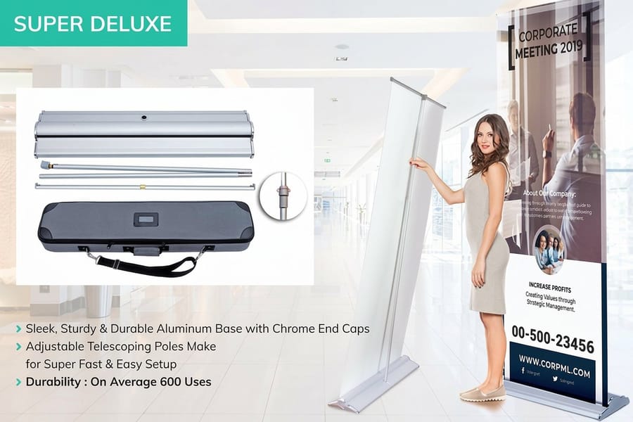 Deluxe retractable banner stand with a weighted base from 4OVER4