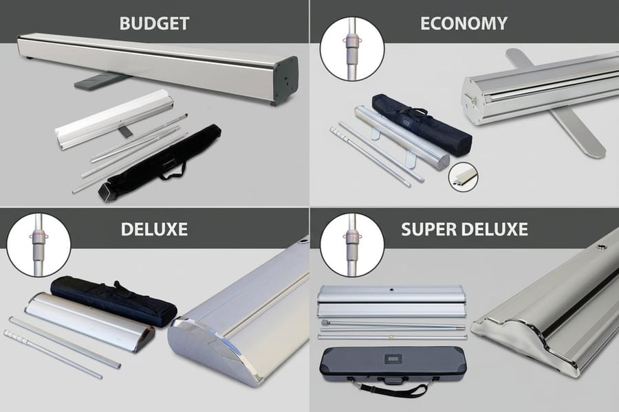 Retractable banner stand set up at a trade-show booth, printed by 4OVER4