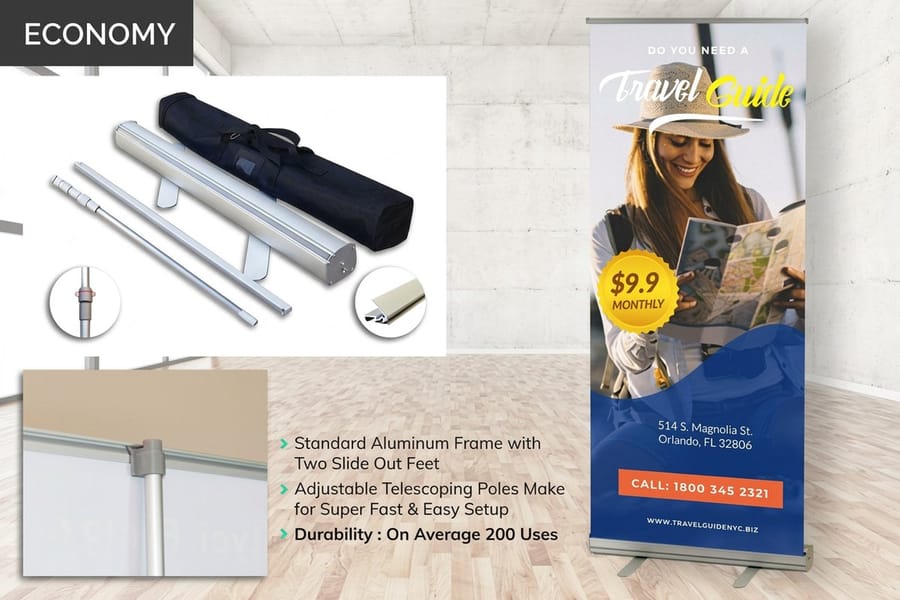 Retractable fabric banner stand with a matte finish, printed by 4OVER4