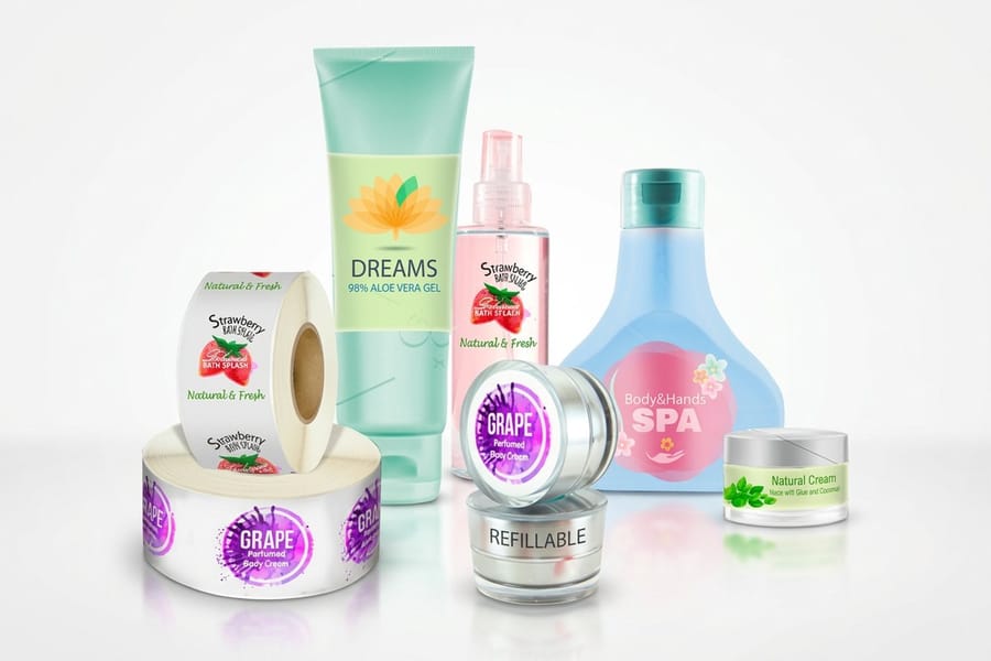 Roll health and beauty labels printed by 4OVER4 wound on a roll for machine application