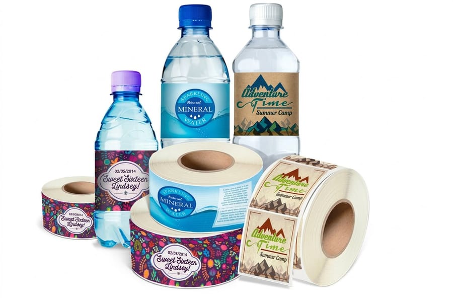 Roll water bottle labels printed by 4OVER4 wound on a core for machine application