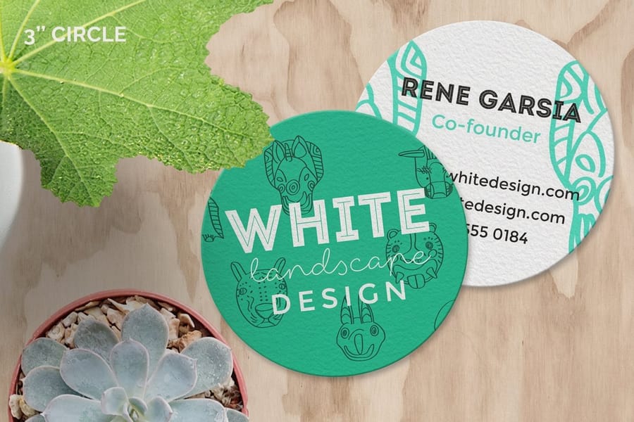 Round cornered business card that reads like a coaster, printed by 4OVER4