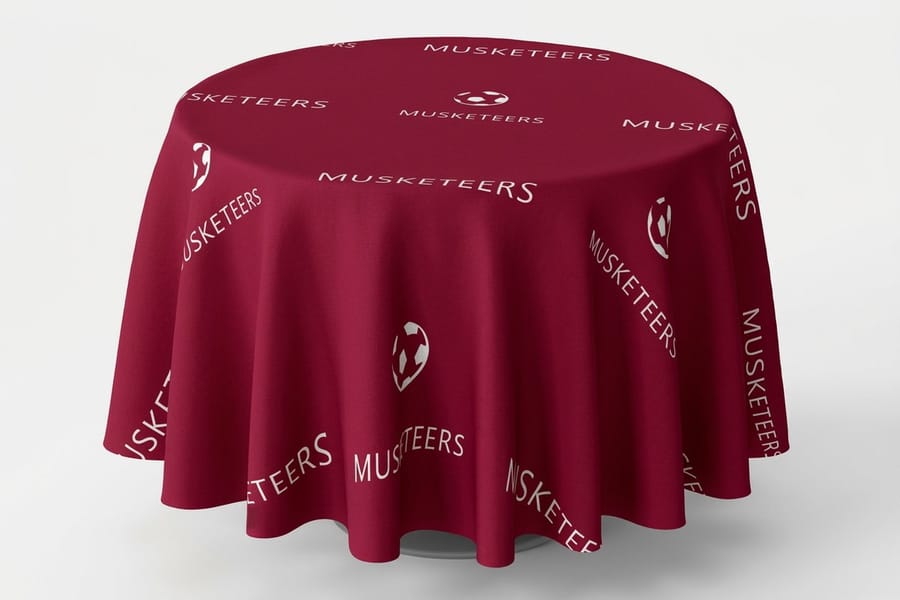 Round table cover printed by 4OVER4 shown to compare fit against other cover styles