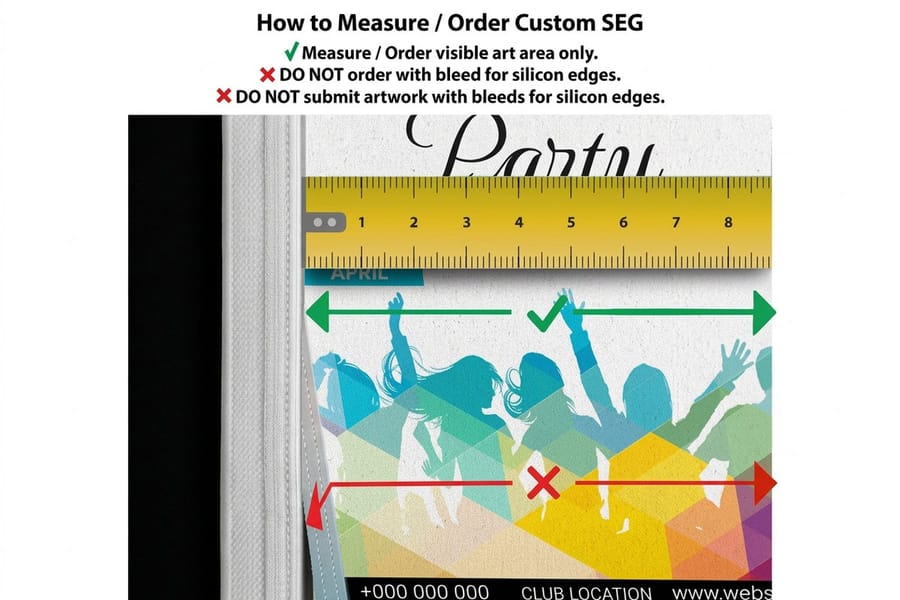 SEG fabric panel printed by 4OVER4 stretched flat in an aluminum frame under even lighting