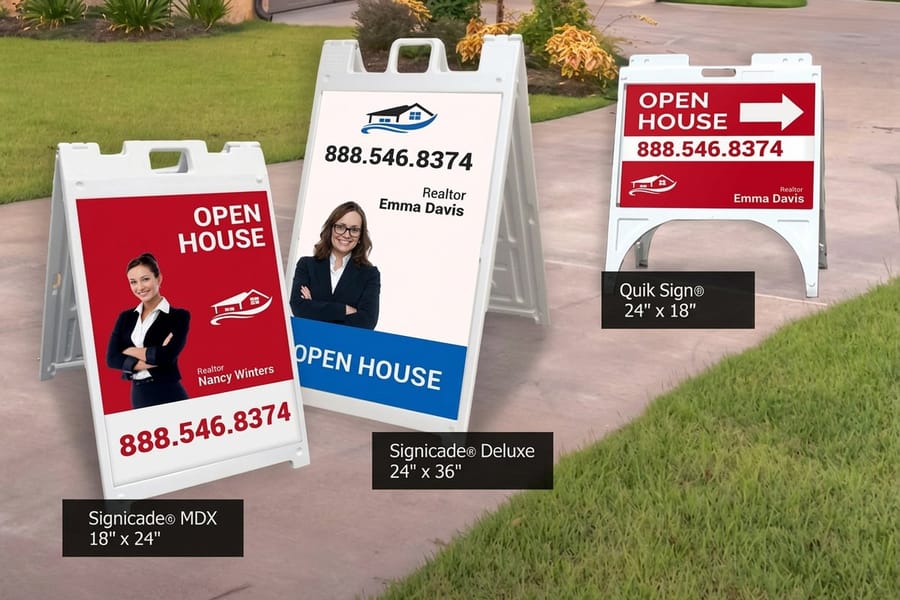 Signicade Deluxe A-frame from 4OVER4 with a printed panel locked into each face of the white plastic stand