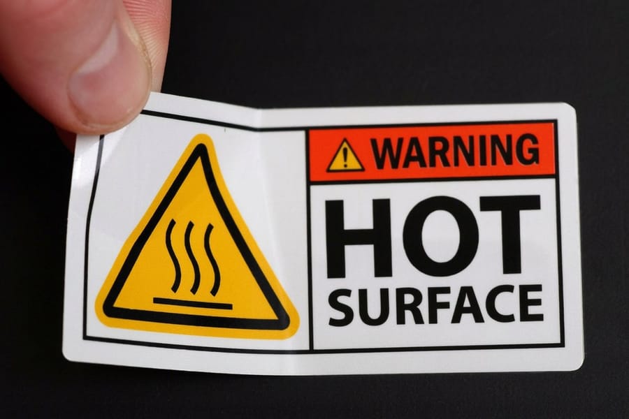 Close view of 4OVER4 warning labels with a bordered signal word panel above the message text