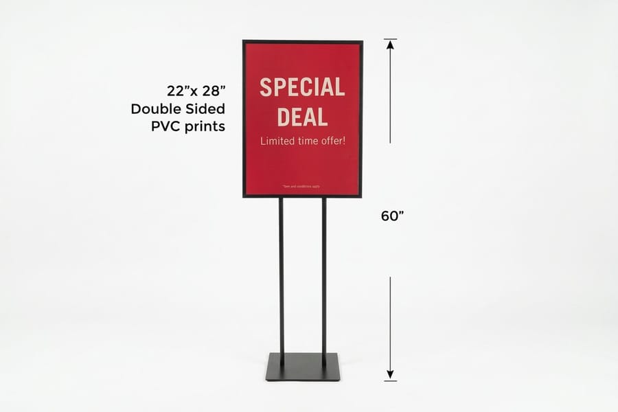 Standing poster displays printed by 4OVER4 positioned in an office lobby