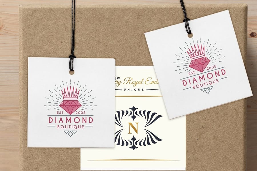 Suede hangtags printed by 4OVER4 showing the low sheen brushed laminate surface