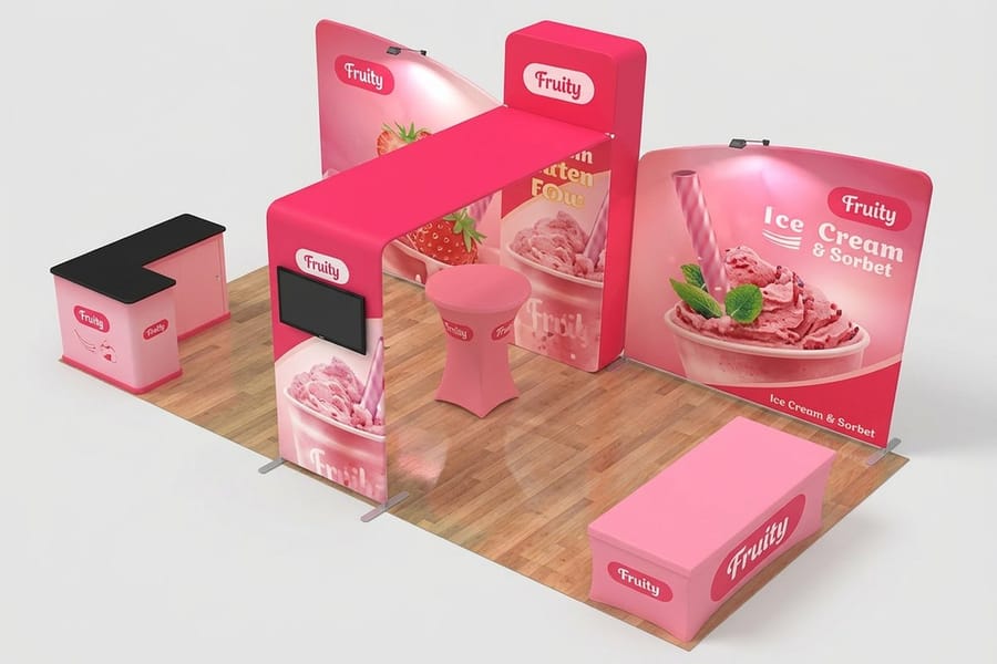Printed booth graphics and counter panels from a 4OVER4 trade show booth kit