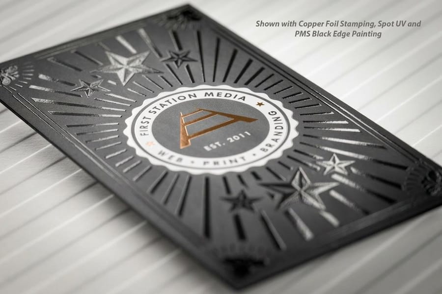 Dark saturated silk laminated business card design with spot UV accents, from 4OVER4.COM