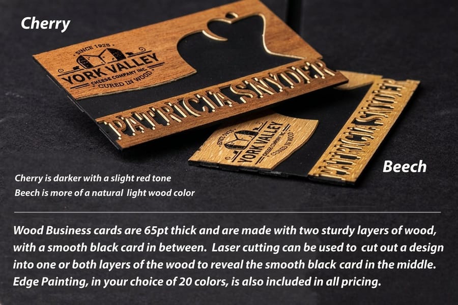 Wood business cards printed by 4OVER4 on 65 point beech, with the logo burned into the visible grain