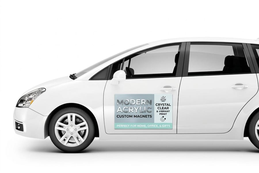 Clear acrylic magnet with a sharp printed logo, made by 4OVER4