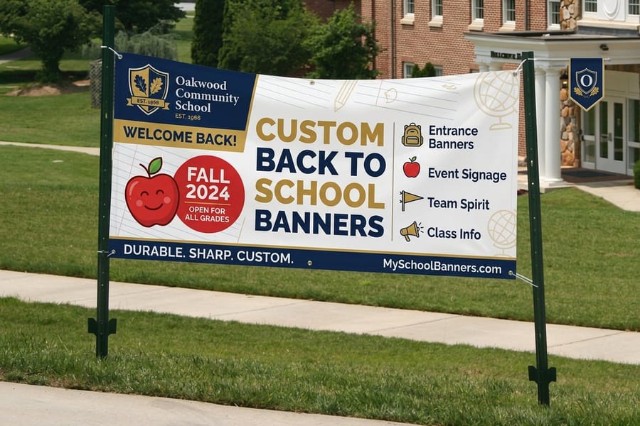 Custom back to school banner from 4OVER4 on a frame at a school entrance, listing banners, event signage and team spirit