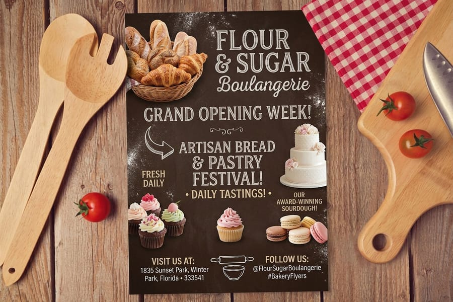 Bakery flyers and printed pieces by 4OVER4 laid out together