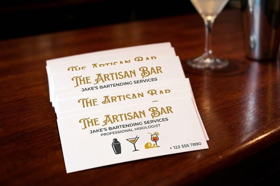 Bartender business card printed by 4OVER4 with bar branding and clear contact details