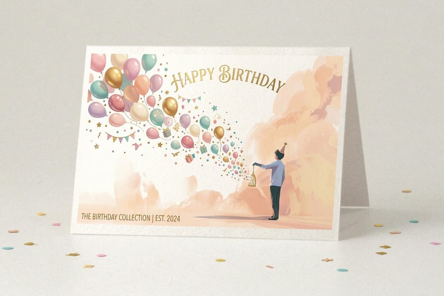 Birthday greeting cards printed by 4OVER4 in a stack showing the front cover artwork