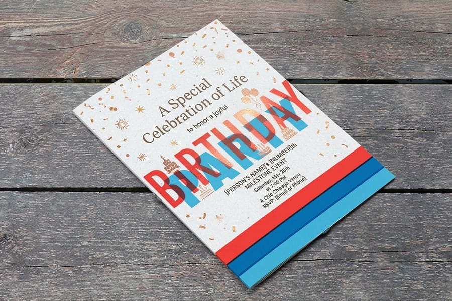 Birthday invitation cards printed by 4OVER4 in a stack