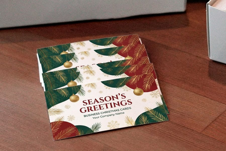 Business Christmas cards printed by 4OVER4 stacked with their envelopes