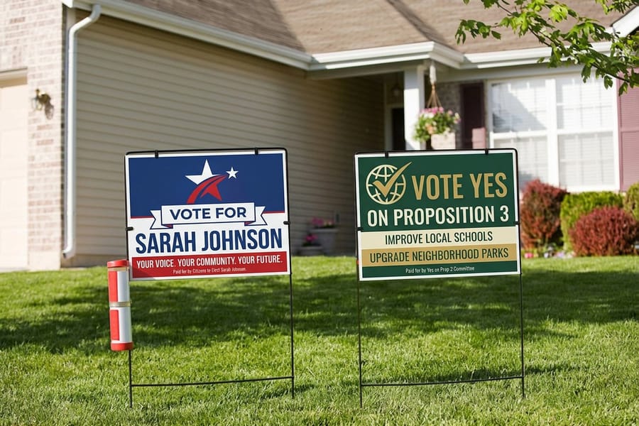 Campaign yard signs printed by 4OVER4 reading Vote for Sarah Johnson and Vote Yes on Proposition 3 on a front lawn