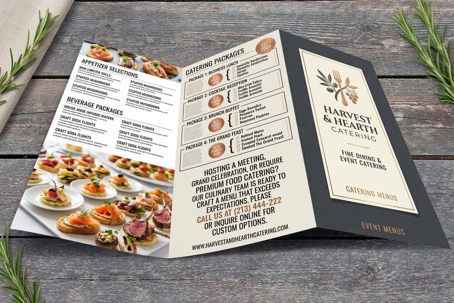 Catering menus printed by 4OVER4 in a stack ready for an event