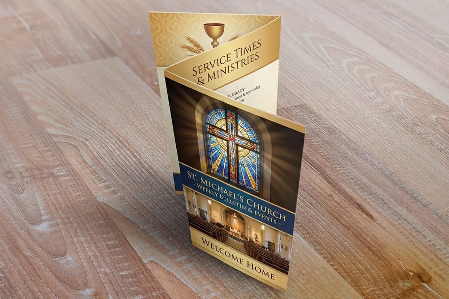 Folded church bulletin from 4OVER4 opened to show its panels
