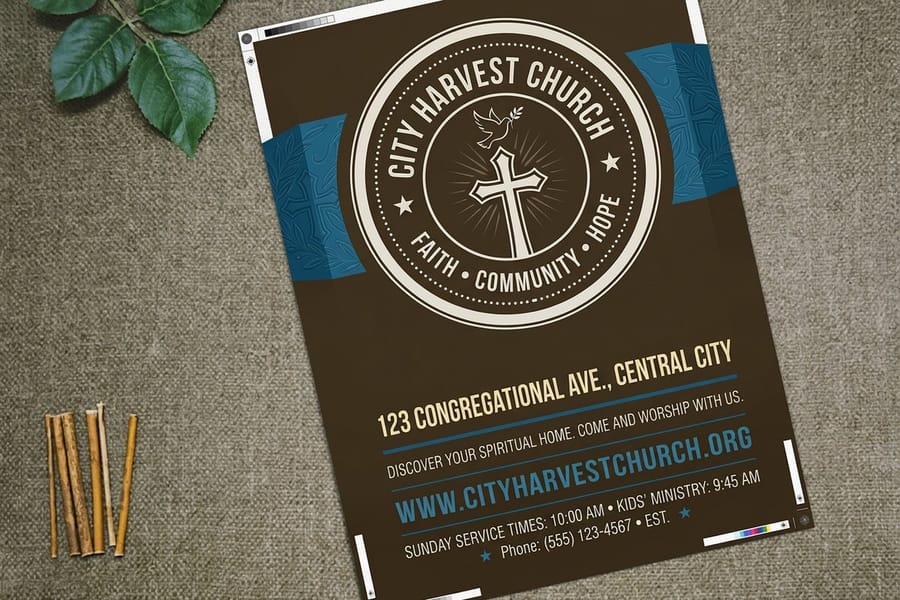 Church flyers printed by 4OVER4 stacked and fanned to show the printed face