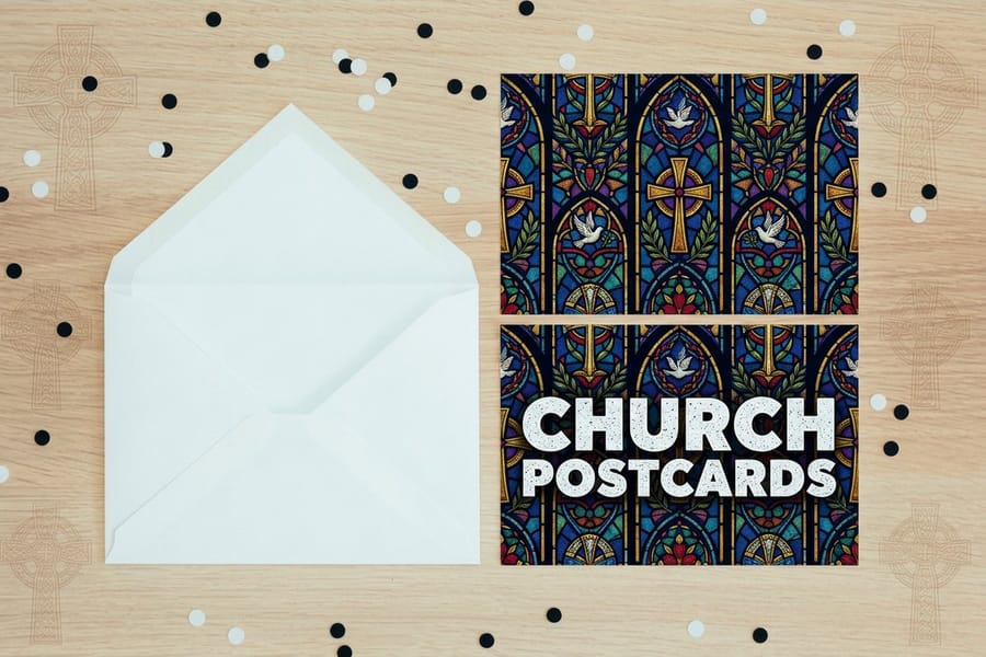 Church postcards printed by 4OVER4 showing a service invitation on the front