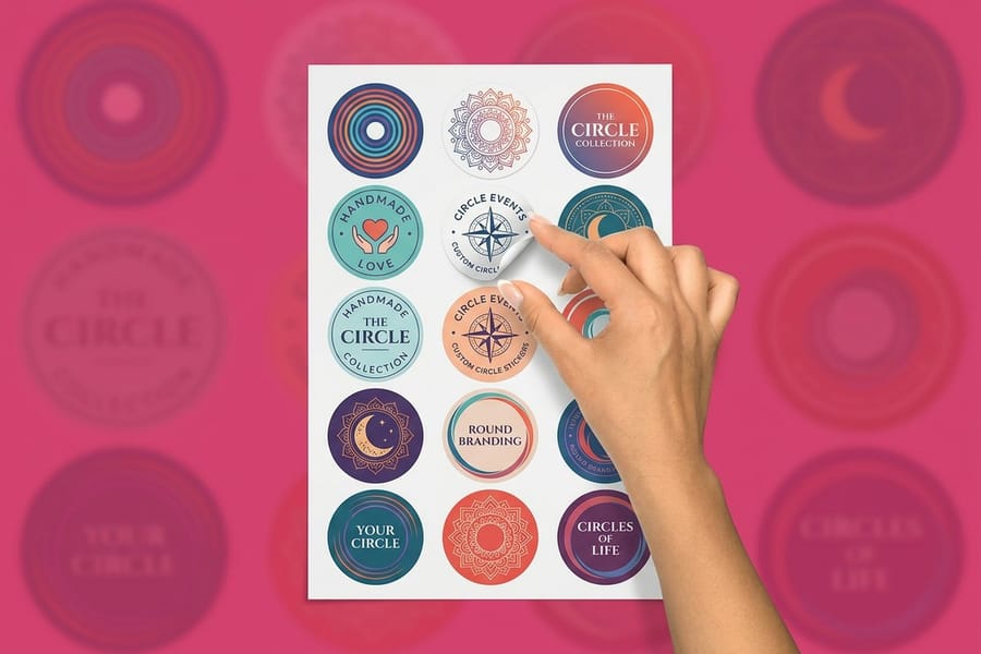Close view of a printed circle sticker from 4OVER4 showing the trimmed round edge