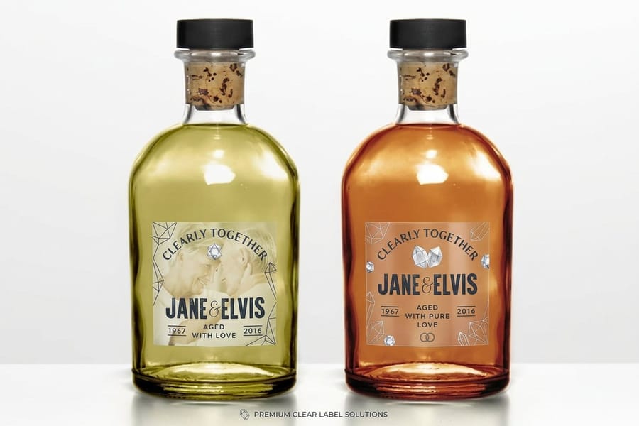 Clear custom labels with the no-label look printed by 4OVER4