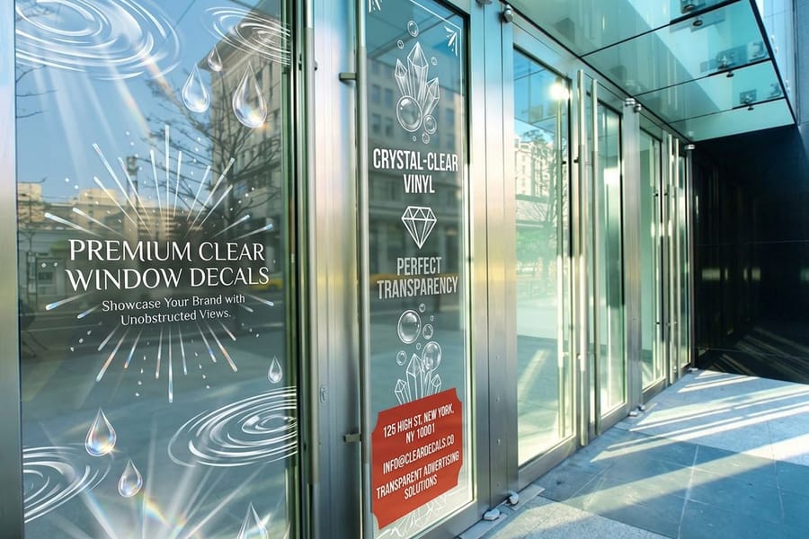 Clear window decals printed by 4OVER4 applied to storefront glass