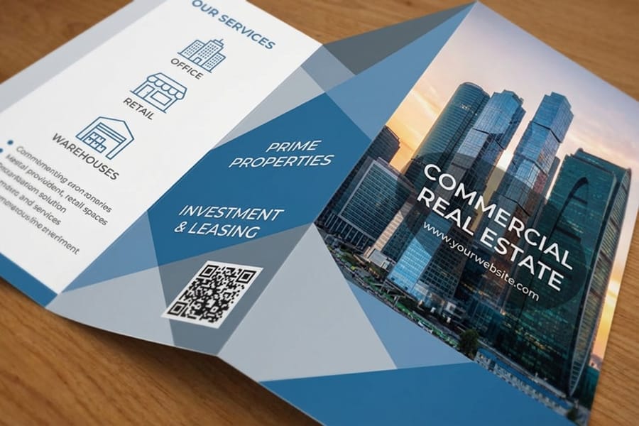 Full color commercial real estate brochures printed by 4OVER4 and stacked for delivery