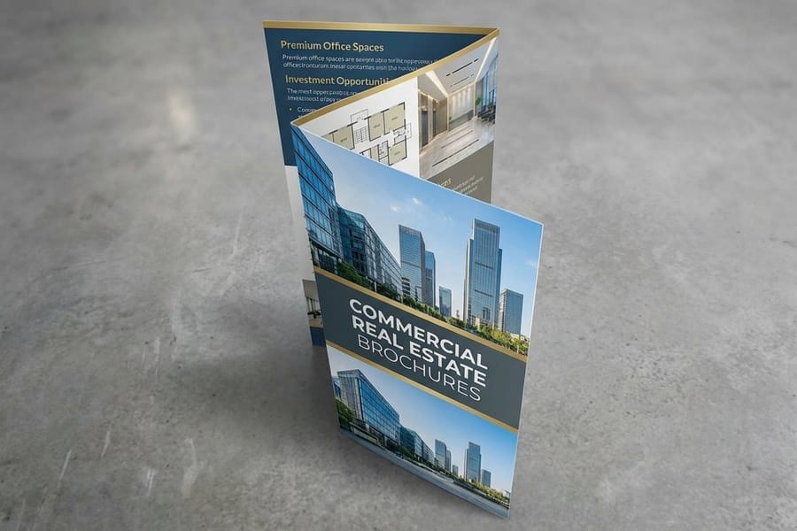 Commercial real estate brochure file set up with bleed and safe margins, from 4OVER4.COM