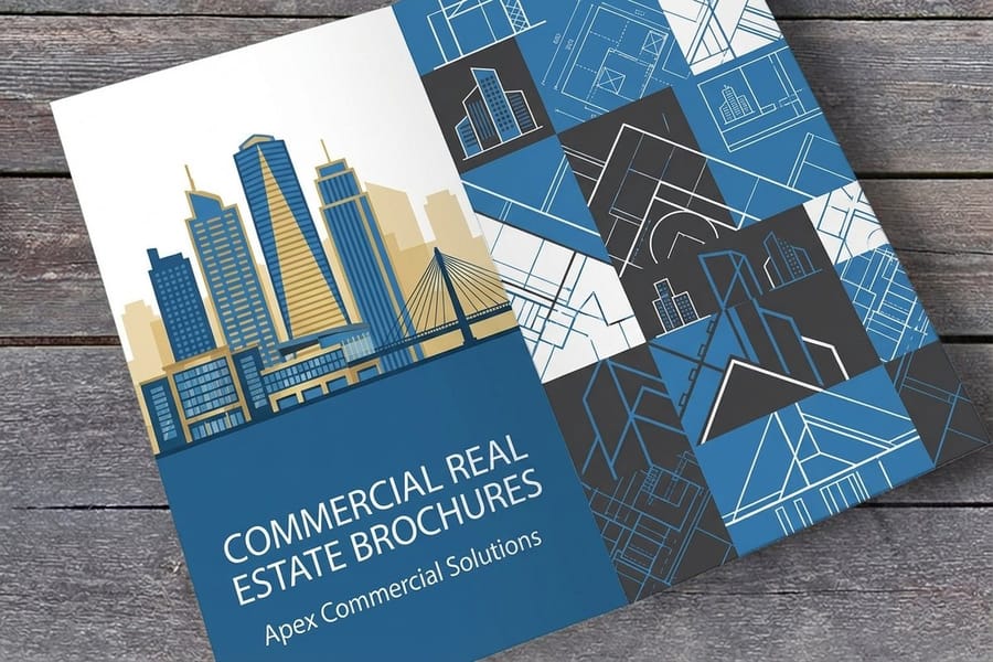 Commercial real estate brochure printed by 4OVER4, open to show the inside spread and fold