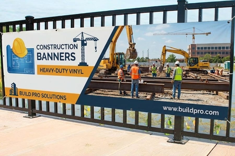 Construction banners printed by 4OVER4 hung along a job site fence