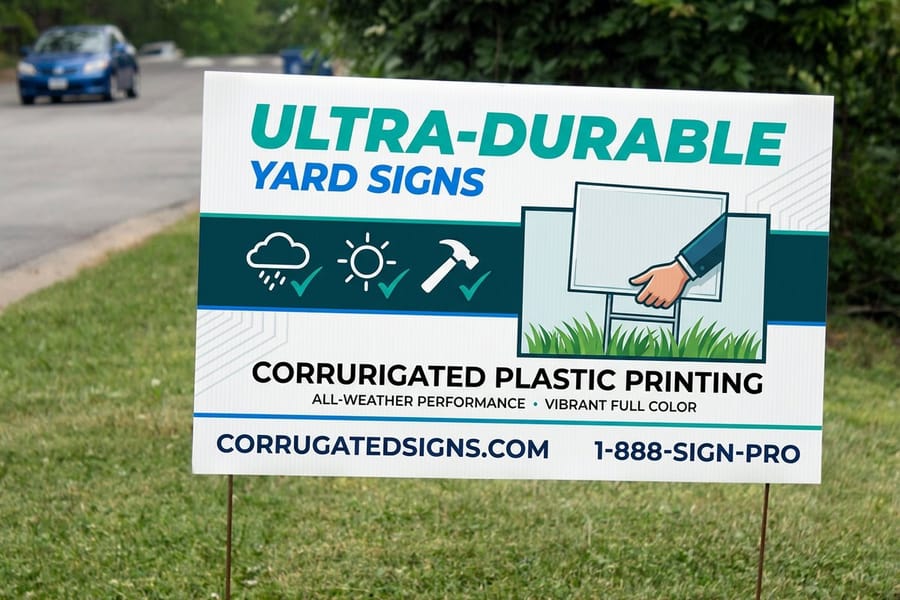 Coroplast yard signs ready for pickup from 4OVER4.COM